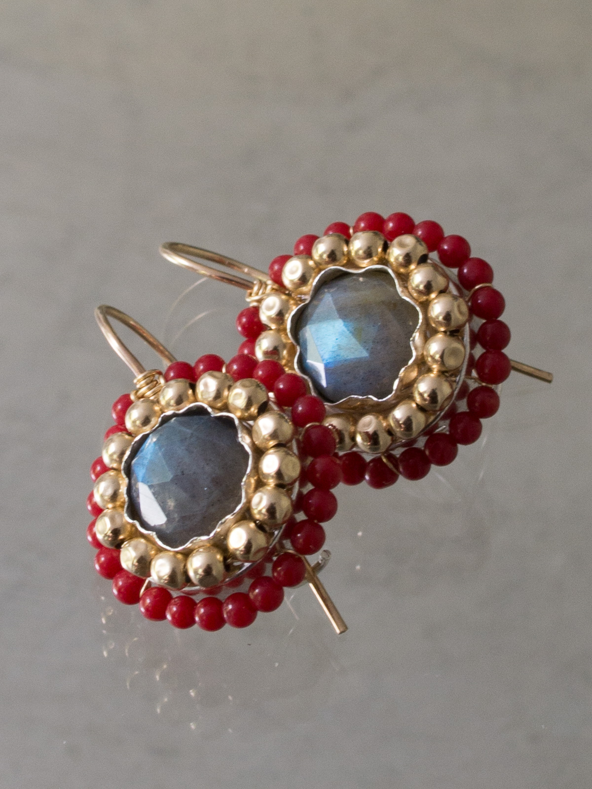 earrings Mandala labradorite and coral